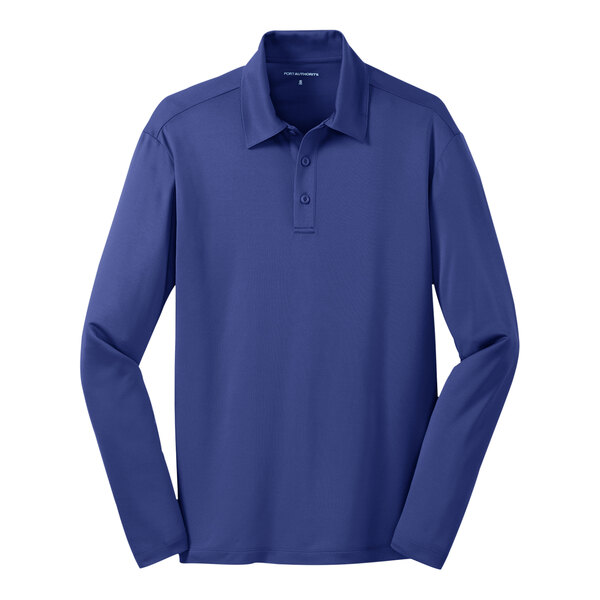 A Port Authority royal blue long sleeve polo shirt.