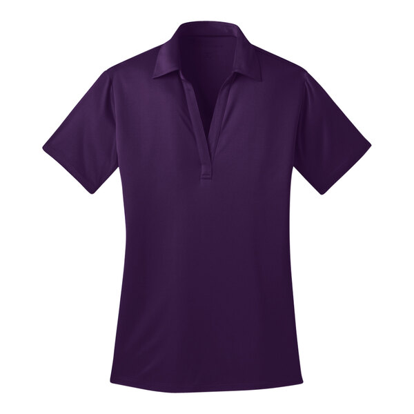 A Port Authority bright purple short sleeve polo shirt for women.