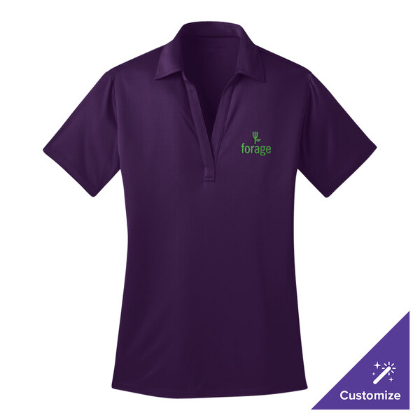 A bright purple Port Authority women's polo shirt with green text.