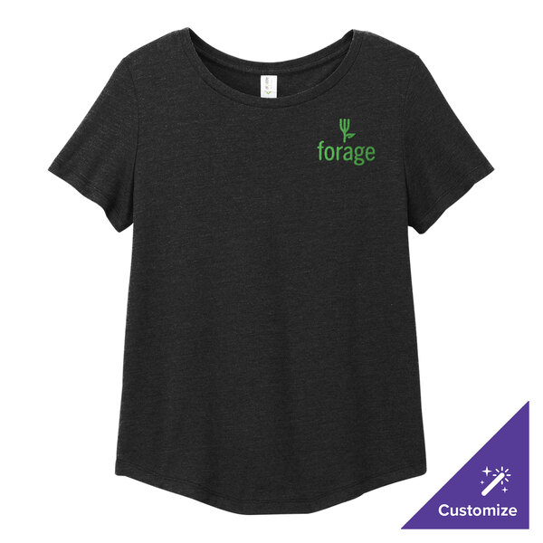 A women's black AllMade tri-blend t-shirt with a logo on it.