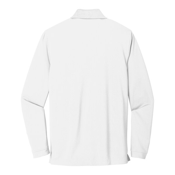 The back of a white Port Authority long sleeve polo shirt.