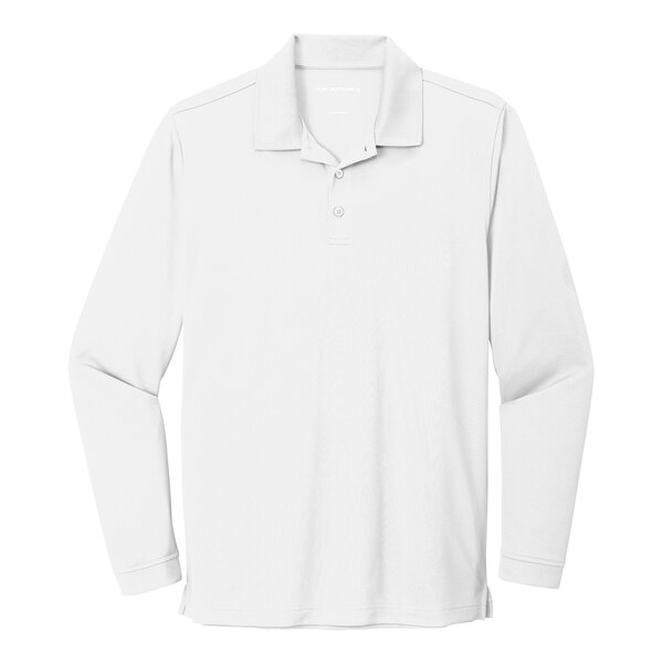 A white Port Authority long sleeved polo shirt with a collar.