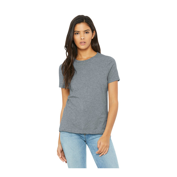 A woman wearing a Bella + Canvas athletic heather short sleeve t-shirt.