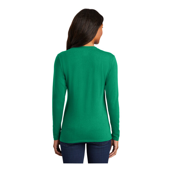 The back of a Port & Company women's green long sleeve T-shirt.