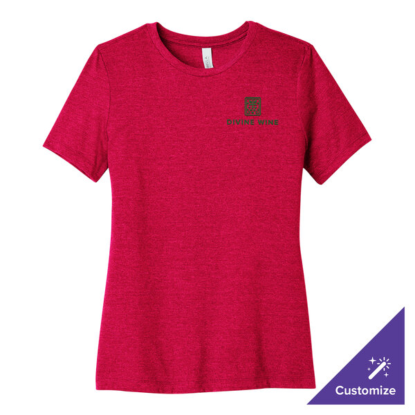 A Bella + Canvas women's heather red t-shirt with a logo on the front.