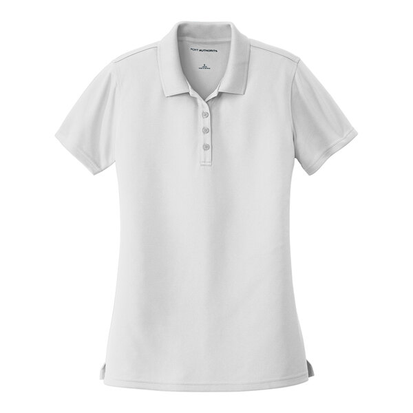 A Port Authority white short sleeve polo shirt for women.