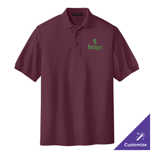 A maroon Port Authority polo shirt with a logo on it.