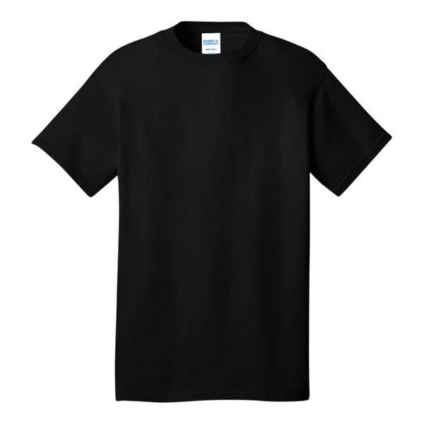 A black Port & Company short sleeve t-shirt with a white label.