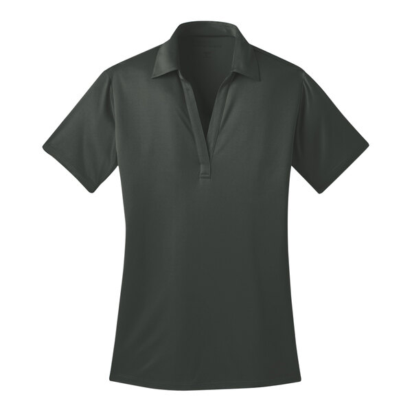 A women's steel gray short sleeve Port Authority polo shirt with a collar.