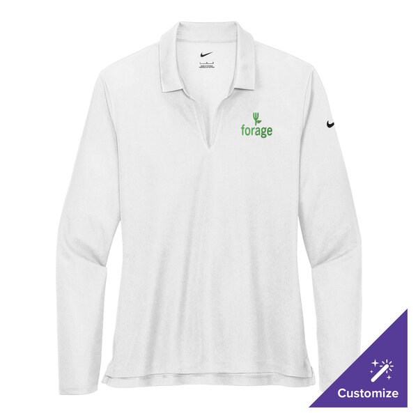 A white long sleeve Nike women's golf polo with green embroidery of a logo.