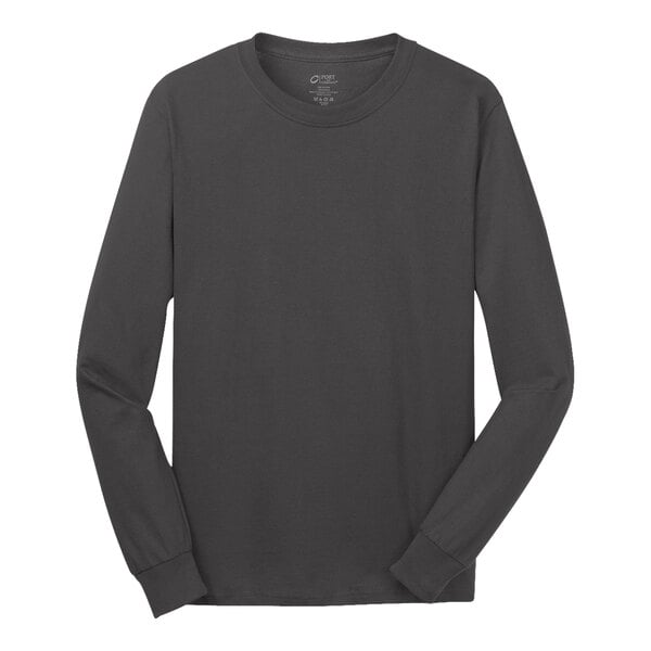 A Port & Company unisex long sleeve charcoal t-shirt.