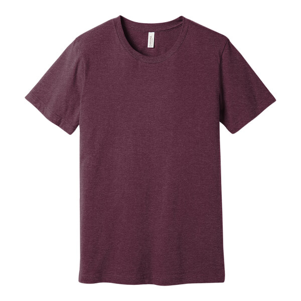 A Bella + Canvas unisex heather maroon t-shirt with a small logo on the front.