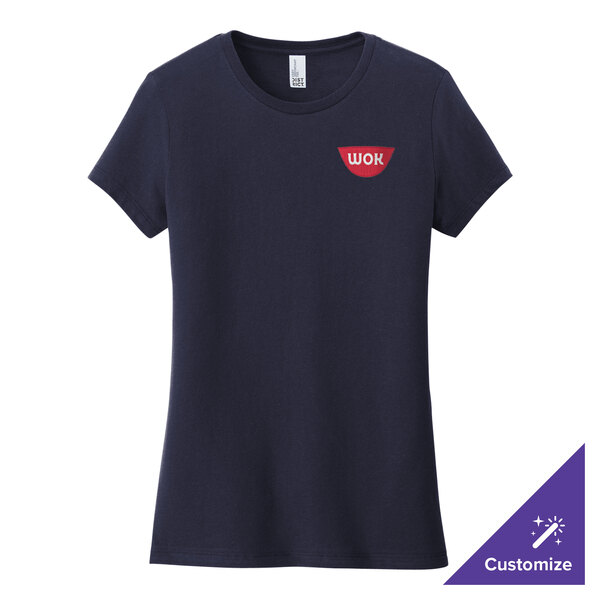 A District women's navy short sleeve t-shirt with a red logo on the front.