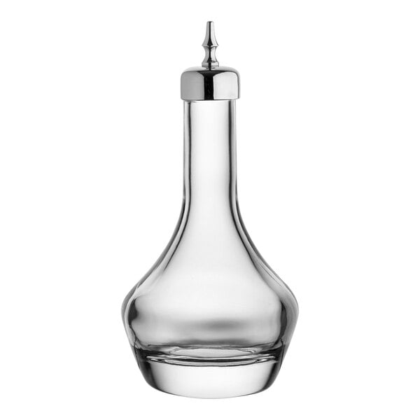 A clear glass Utopia bitters bottle with a silver dasher spout.