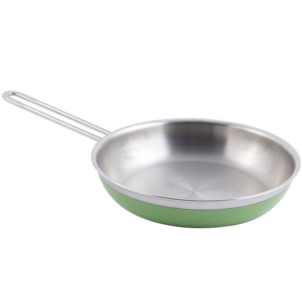 A green and white Bon Chef Classic Country French saute pan with a long handle.