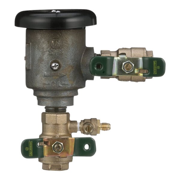 A close-up of a Watts 3/4" anti-siphon vacuum breaker with a green and black valve.