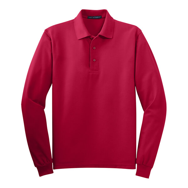 A red Port Authority® long sleeve polo shirt.