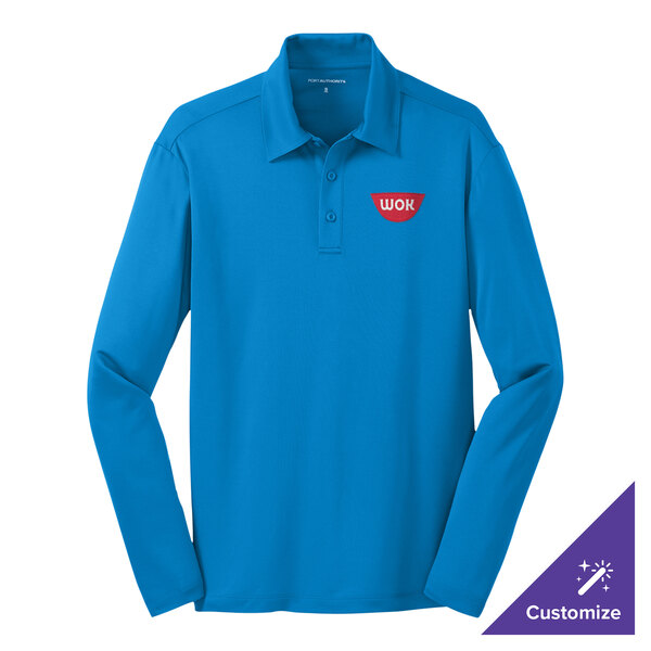A Port Authority brilliant blue long sleeve polo shirt.