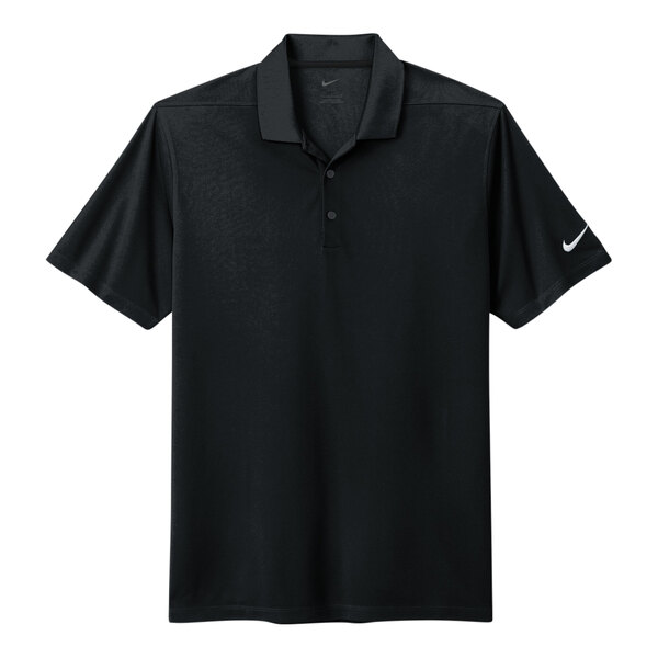 A black Nike Dri-Fit polo shirt with a white swoosh on the sleeve.