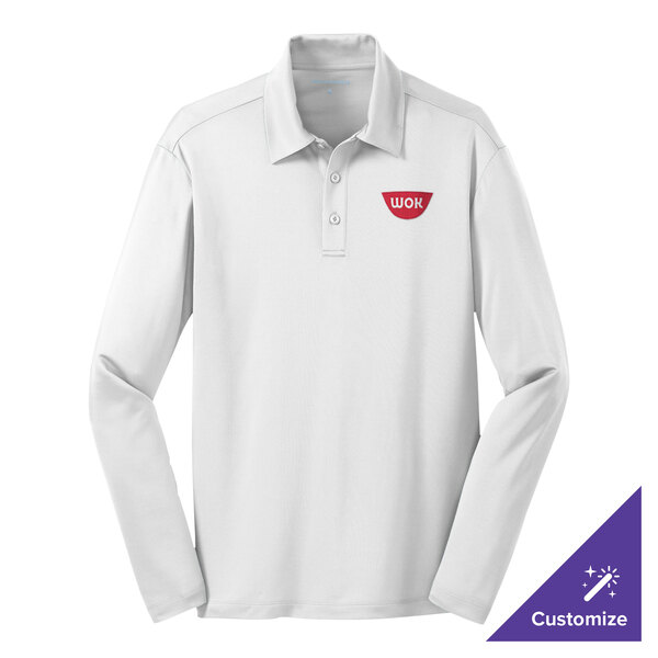 A white Port Authority long sleeve polo shirt.
