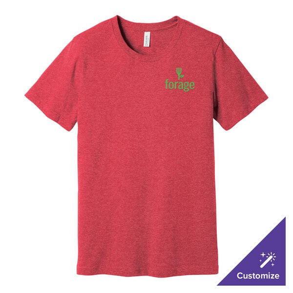A red Bella + Canvas t-shirt with a green logo.