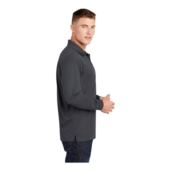 An extra-large unisex Sport-Tek long sleeve polo shirt in iron gray.