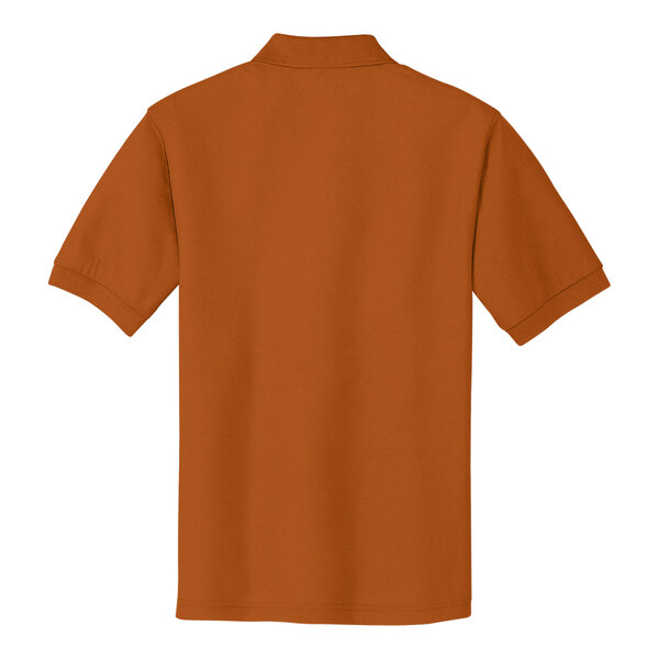A Texas orange Port Authority polo shirt with a white collar.