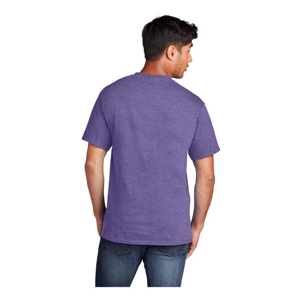 A man wearing a Port & Company heather purple t-shirt.