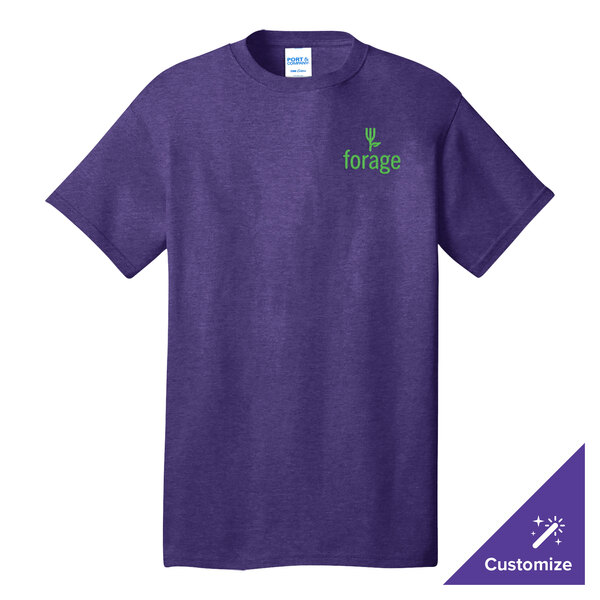 A Port & Company heather purple short sleeve t-shirt with a logo on it.