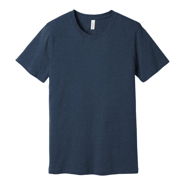 A heather navy Bella + Canvas customizable t-shirt.