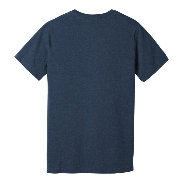 A customizable heather navy blue Bella + Canvas short sleeve T-shirt with a white logo on the back.