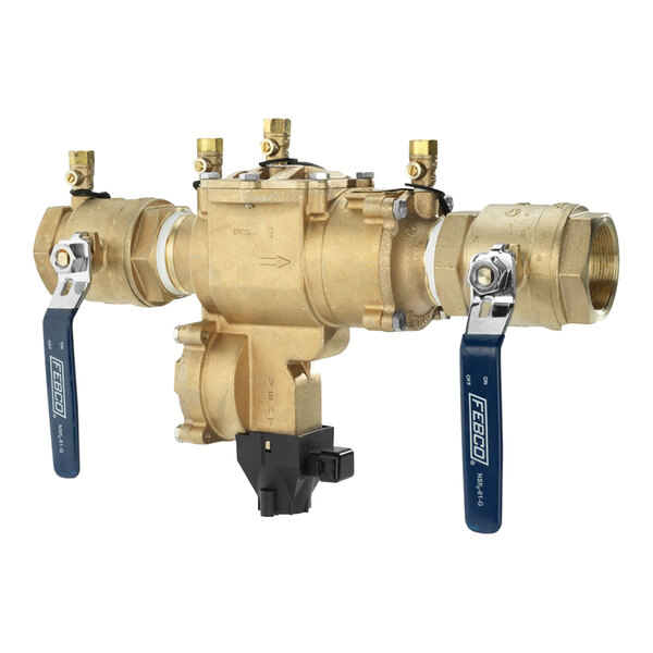 A gold metal FEBCO Reduced Pressure Zone Assembly with blue handles.