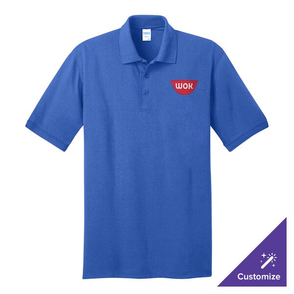 A royal blue Port & Company polo shirt with a logo on it.