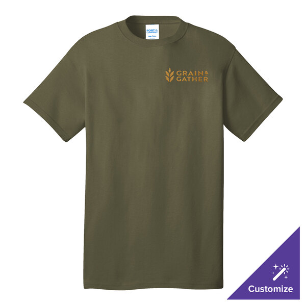 An olive drab green Port & Company short sleeve t-shirt with a logo on it.
