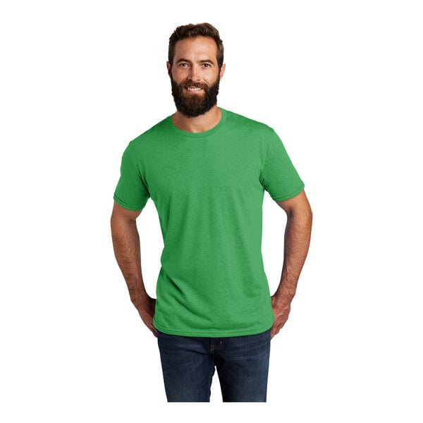 A man with a beard wearing a green AllMade customizable t-shirt.