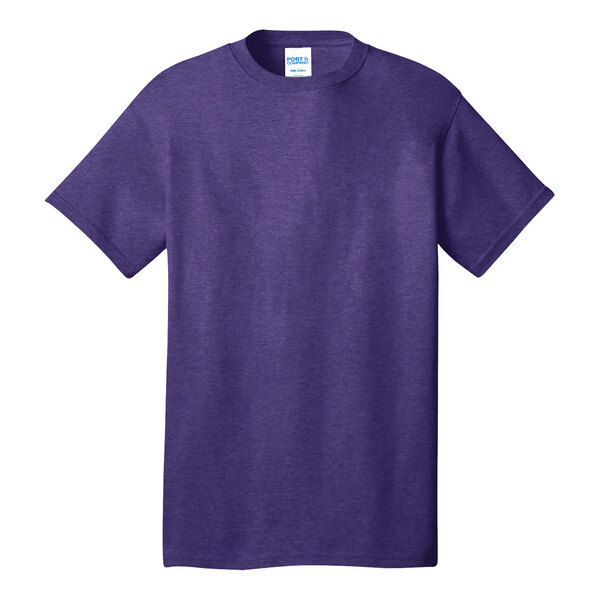 A Port & Company heather purple short sleeve t-shirt with a white label.