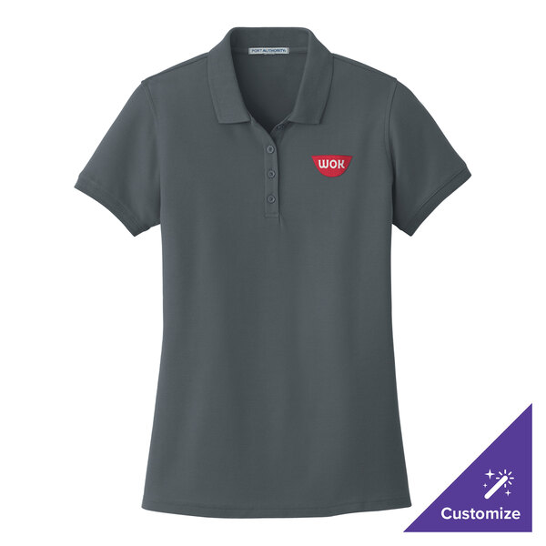 A small women's Port Authority graphite polo shirt with a logo on it.