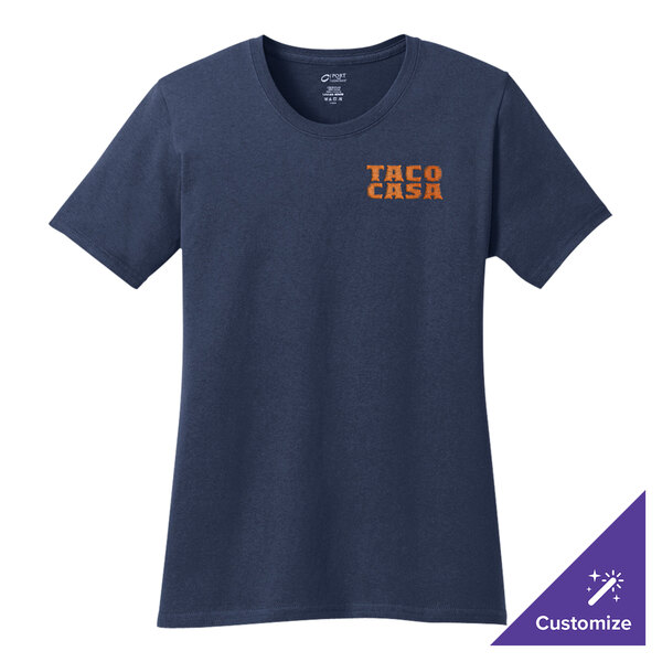 A navy Port & Company women's t-shirt with white and orange text.