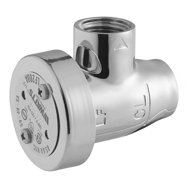 A silver metal Watts LF288A-C vacuum breaker with a round cap and threaded nut.