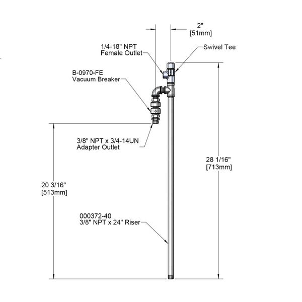 A T&S riser assembly with vacuum breaker and swivel tee on a pipe with measurements.