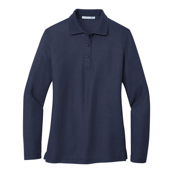 A navy Port Authority long sleeve polo shirt for women with a white background.