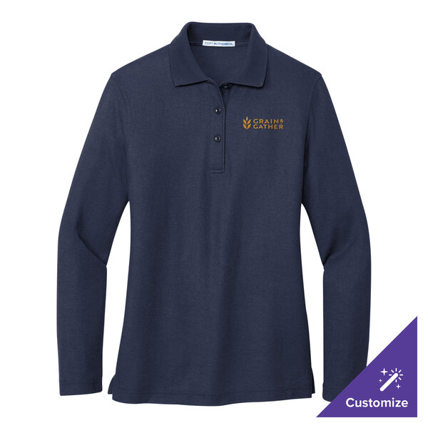 A women's small navy blue Port Authority long sleeve polo shirt.