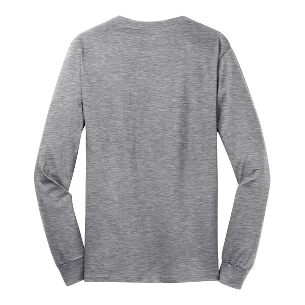 A long sleeved grey Port & Company shirt.