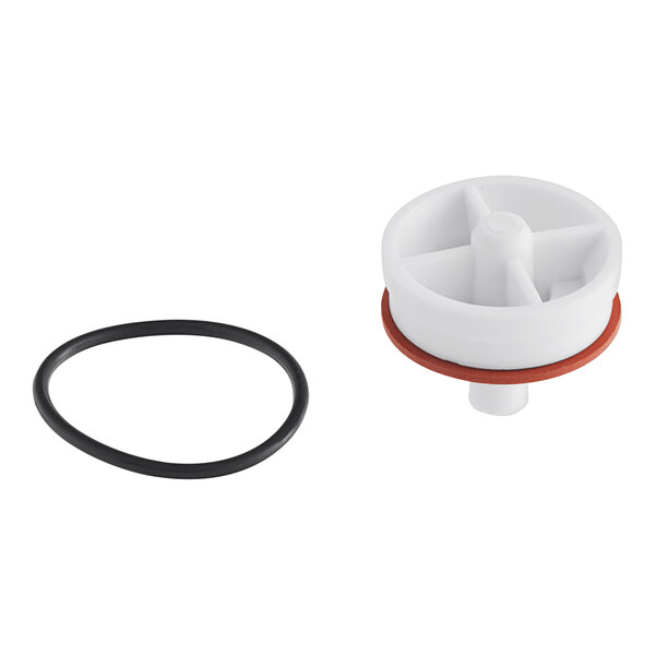 A white plastic Watts RK 188/288/388-T anti-siphon vacuum breaker repair kit with a black rubber wheel.