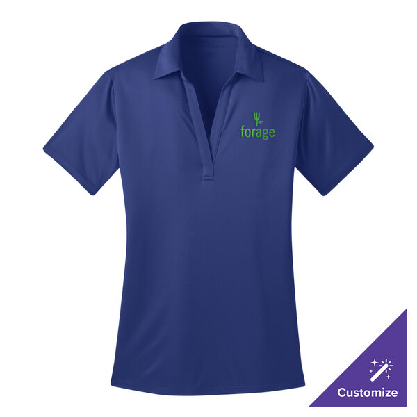 A royal blue Port Authority women's polo shirt with a green logo.