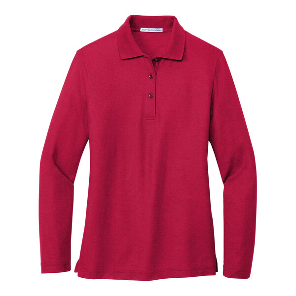 A red long sleeved Port Authority silk touch polo shirt.