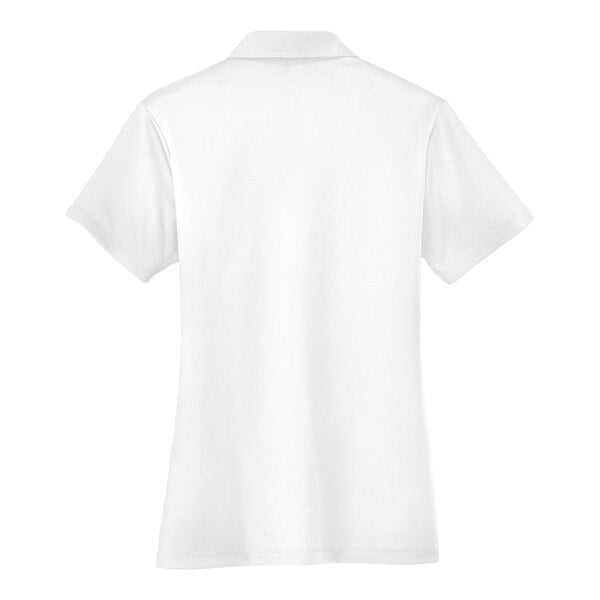A close up of a white Port Authority women's short sleeve polo shirt.