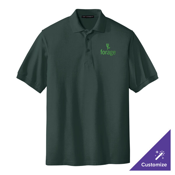 A dark green Port Authority polo shirt with a logo on it.