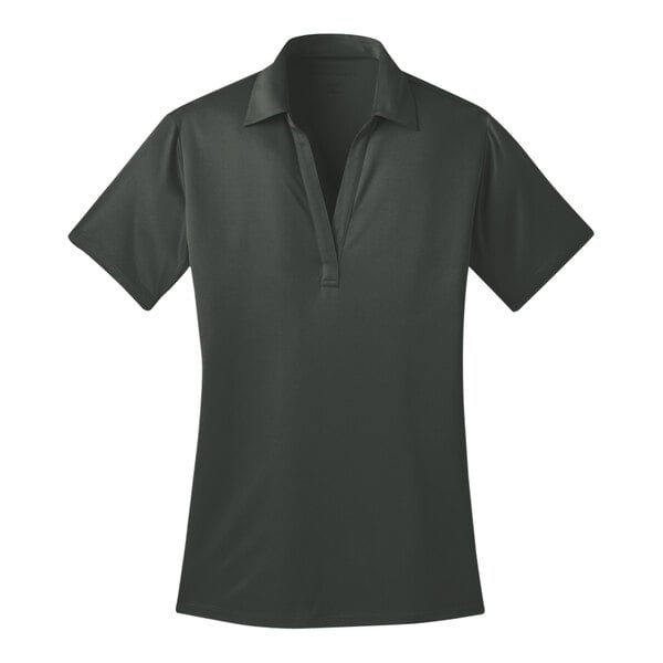 A women's steel gray Port Authority polo shirt with a collar.