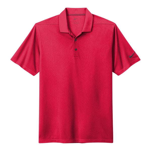 A red Nike polo shirt with a black collar and Nike logo.